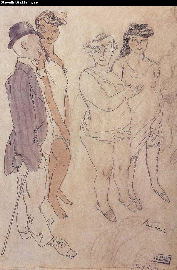 Jules Pascin One man and three woman